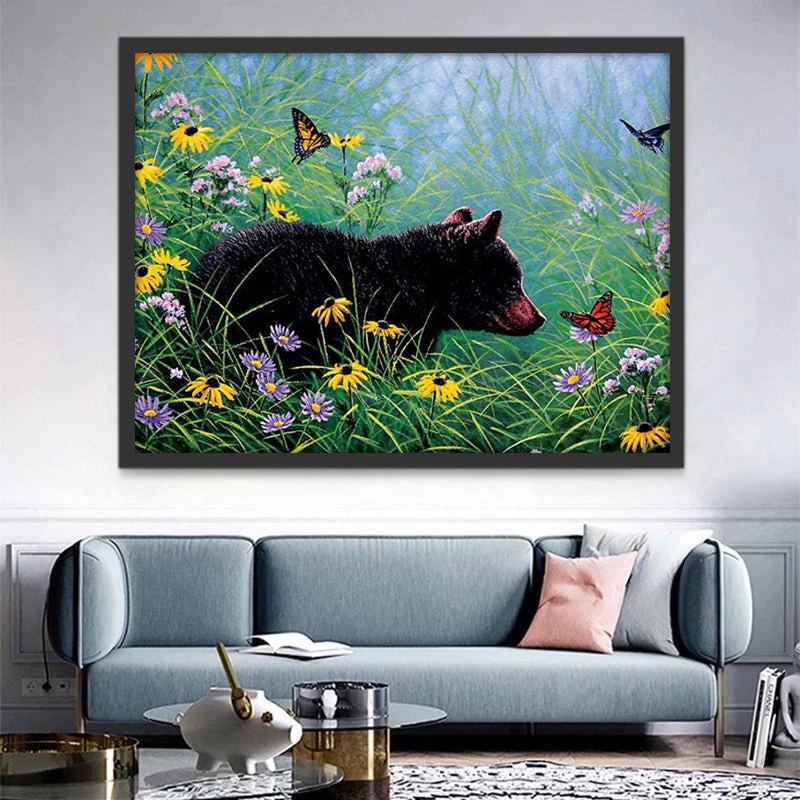 Ours au Milieu des Fleurs avec des Papillons Peinture par Numéros
