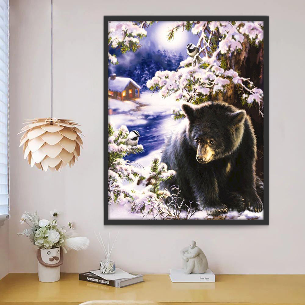 Ours Bébé et Fleurs Roses Peinture par Numéros