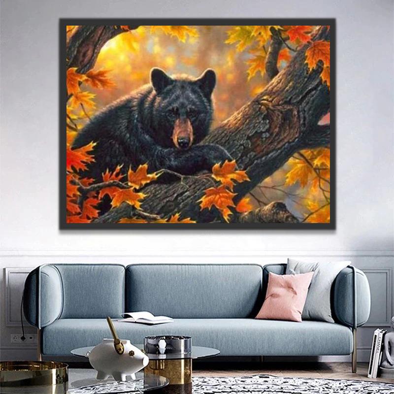 Ours Noir et Feuilles d'Erable Peinture par Numéros