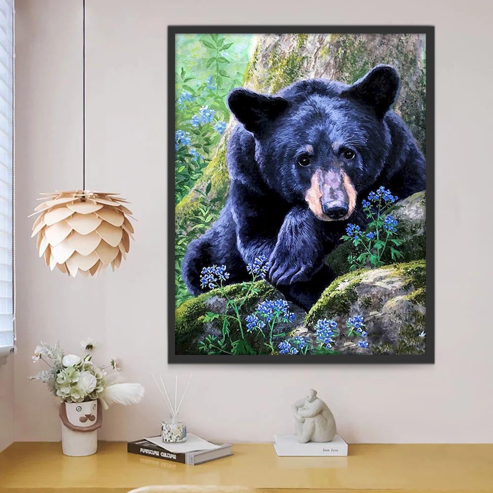 Ours Noir et Fleurs Bleues Peinture par Numéros