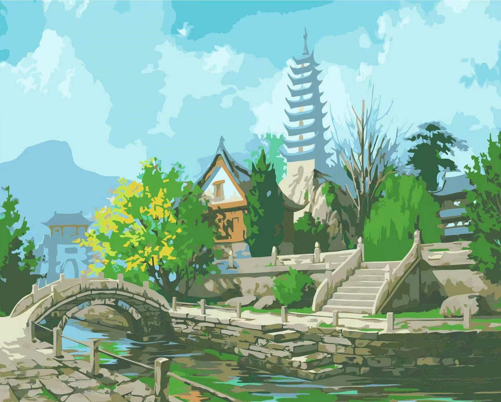 Pagode et Pont en Arc Peinture par Numéros