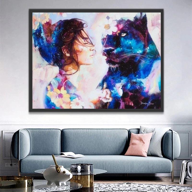 Panthère Noire et Femme Peinture par Numéros