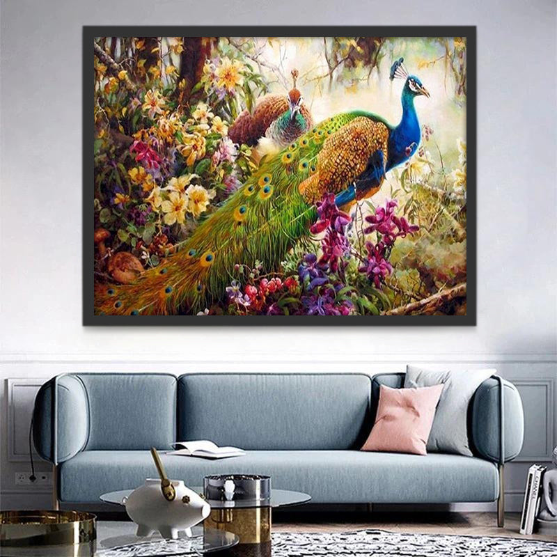 Paon au Milieu de Fleurs Peinture par Numéros