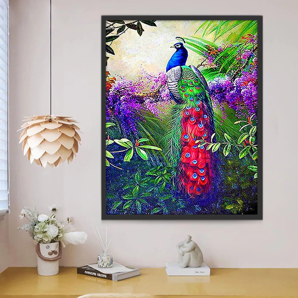 Paon Bleu à la Queue Verte et Rouge Peinture par Numéros