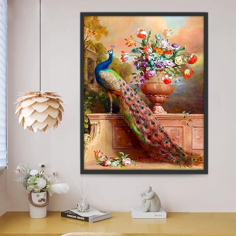 Paon Bleu et Fleurs Colorées Peinture par Numéros