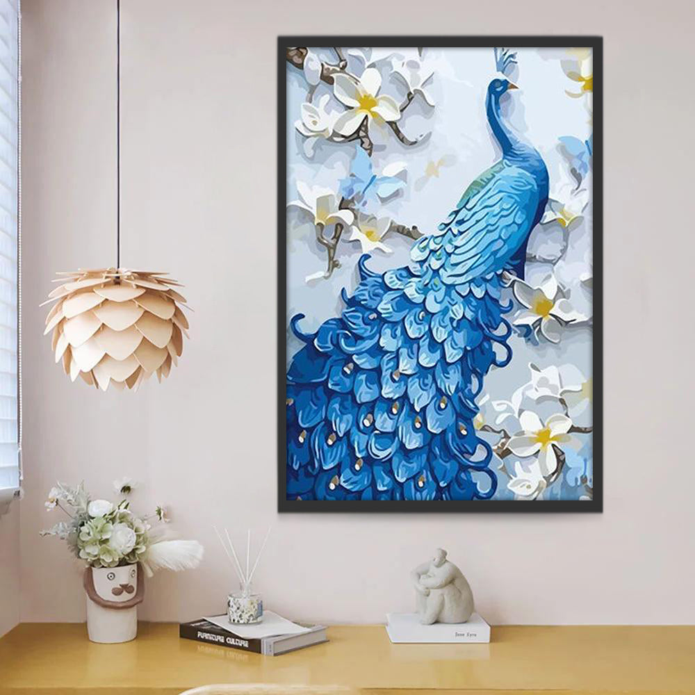 Paon Bleu et les Fleurs Blanches Peinture par Numéros