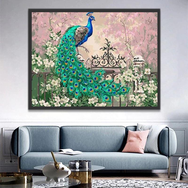 Paon et Fleurs Blanches Peinture par Numéros