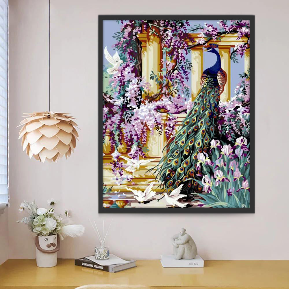 Paon et Fleurs Violettes Peinture par Numéros