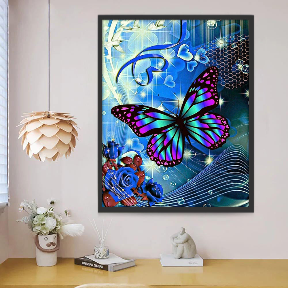 Papillon Coloré et Roses Bleues Peinture par Numéros