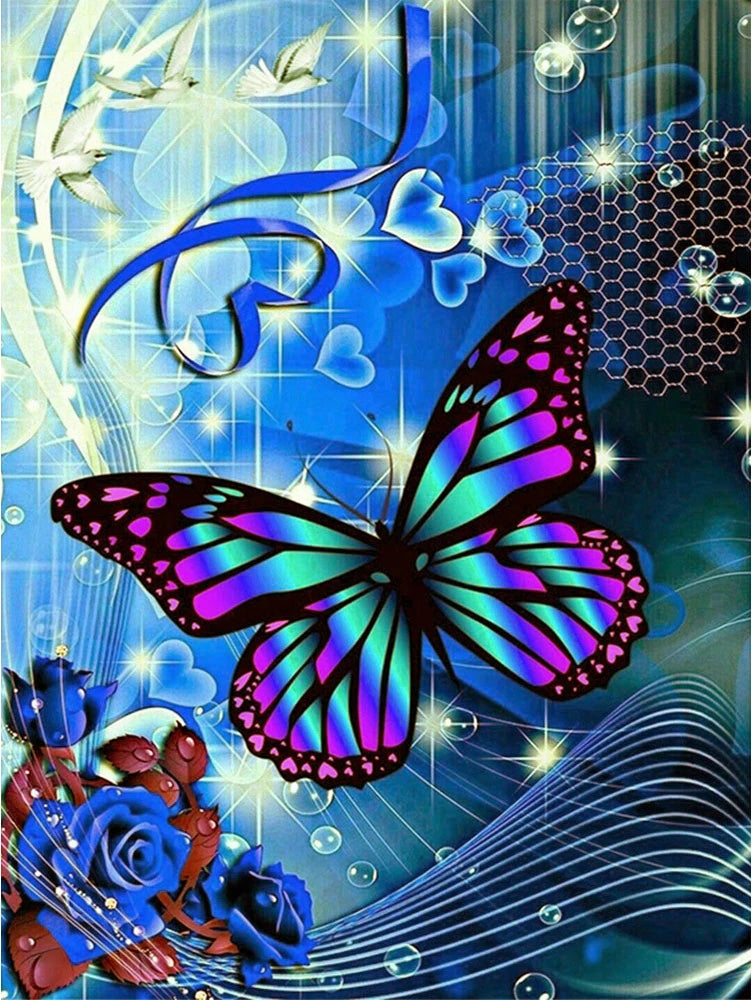 Papillon Coloré et Roses Bleues Peinture par Numéros