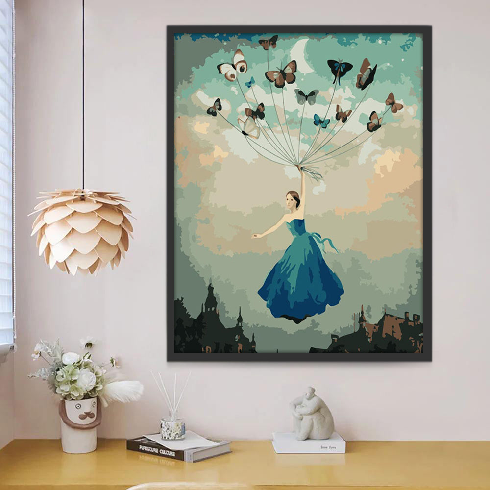 Papillons et Femme Volant Peinture par Numéros