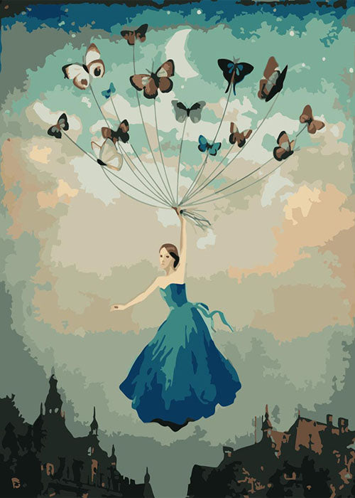 Papillons et Femme Volant Peinture par Numéros