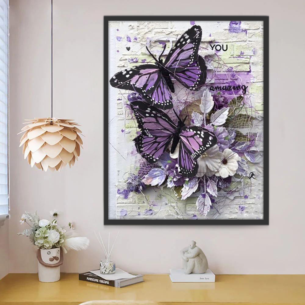 Papillons Violets et Fleurs Blanches Peinture par Numéros