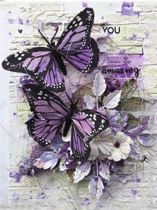 Papillons Violets et Fleurs Blanches Peinture par Numéros