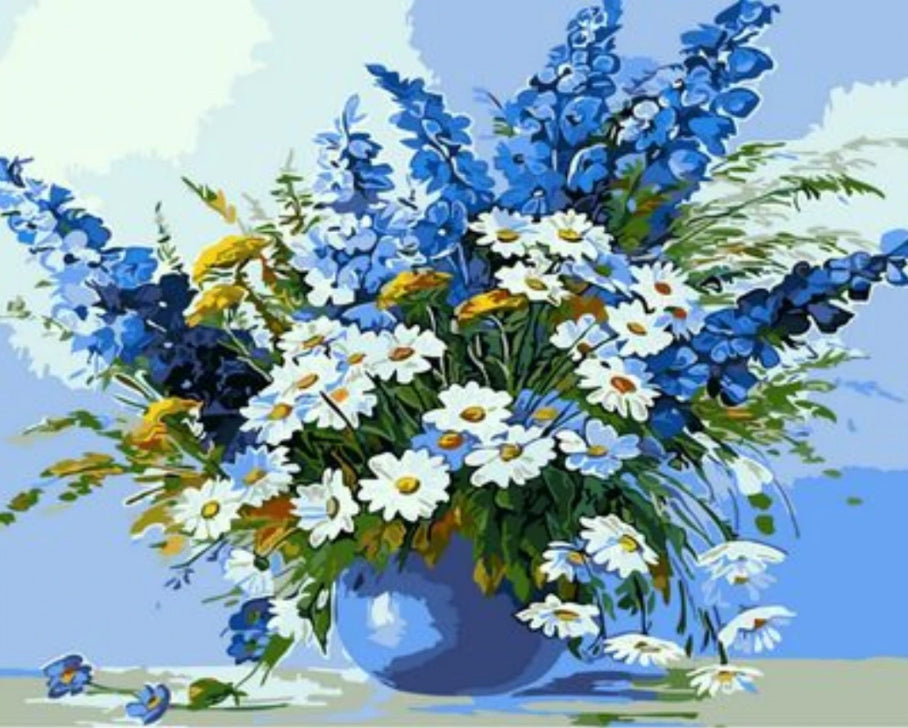 Pâquerettes et Fleurs Bleues Peinture par Numéros