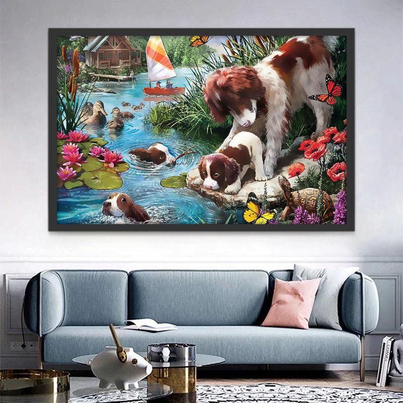 Parent Springer Anglais et ses Bébés au Bord du Ruisseau Peinture par Numéros