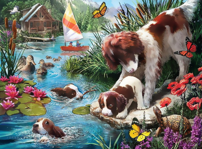 Parent Springer Anglais et ses Bébés au Bord du Ruisseau Peinture par Numéros