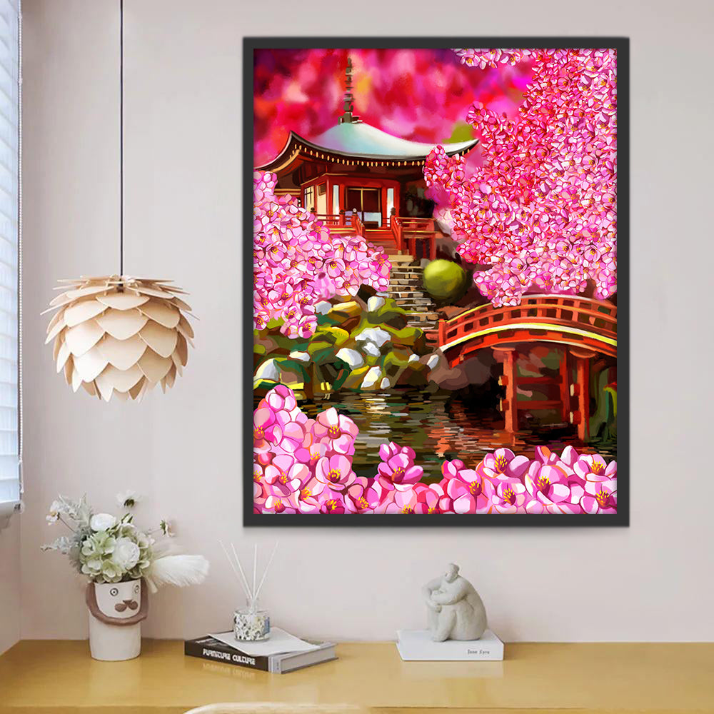 Pavillon Rouge et Fleurs Roses Peinture par Numéros
