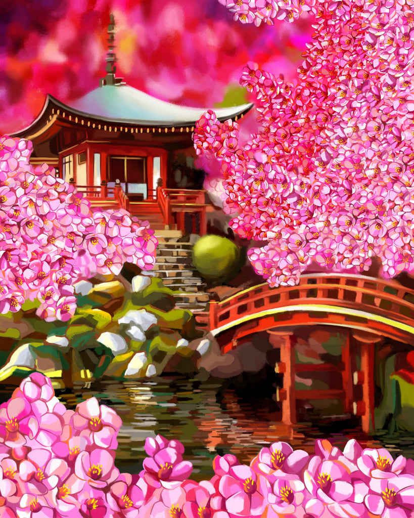 Pavillon Rouge et Fleurs Roses Peinture par Numéros