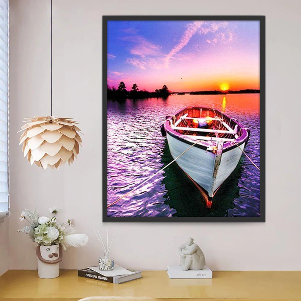 Paysage Bateau et Mer Violette Peinture par Numéros