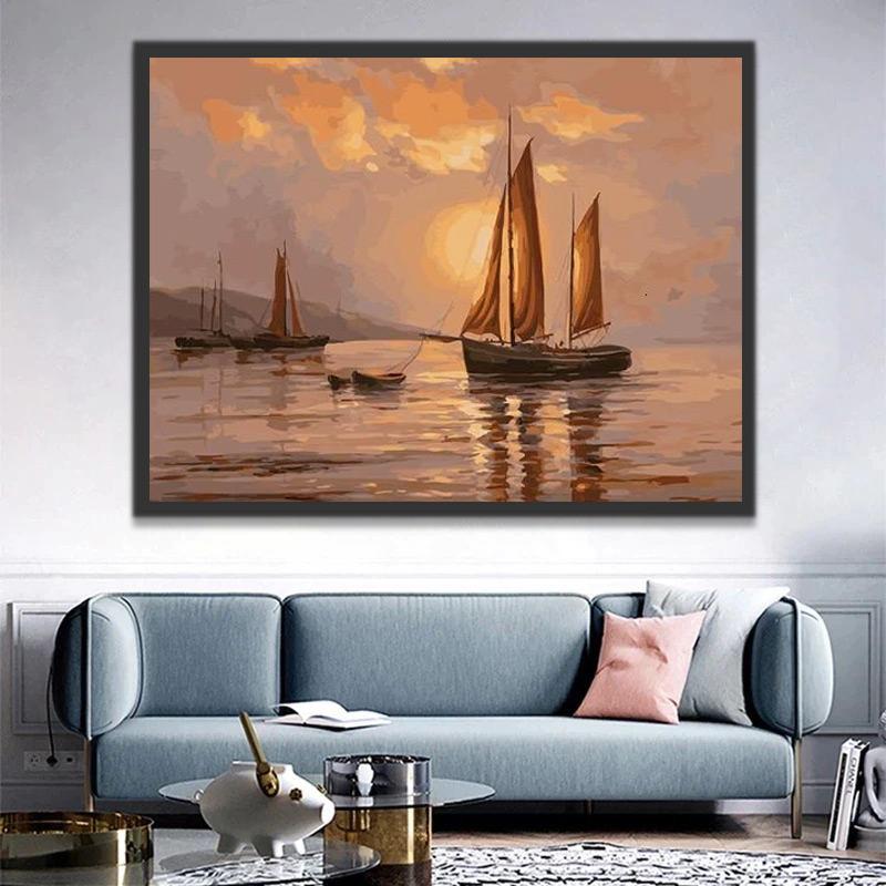 Paysage Bateau et Soleil Couchant Peinture par Numéros