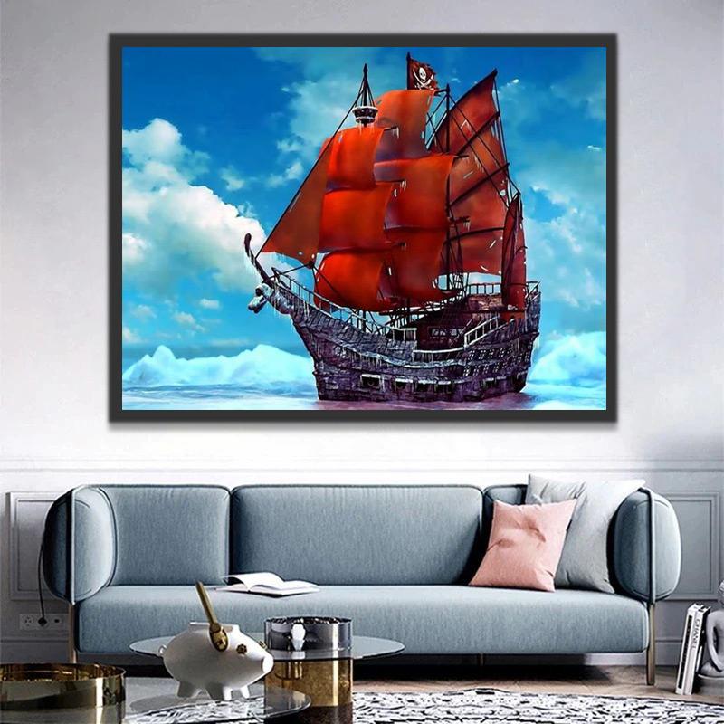Paysage Bateau Rouge Peinture par Numéros