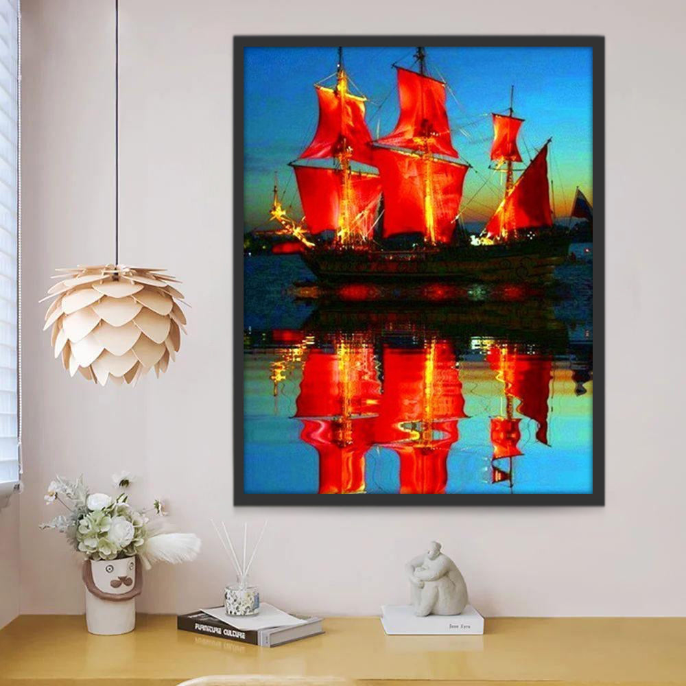 Paysage Bateaux Rouges Peinture par Numéros