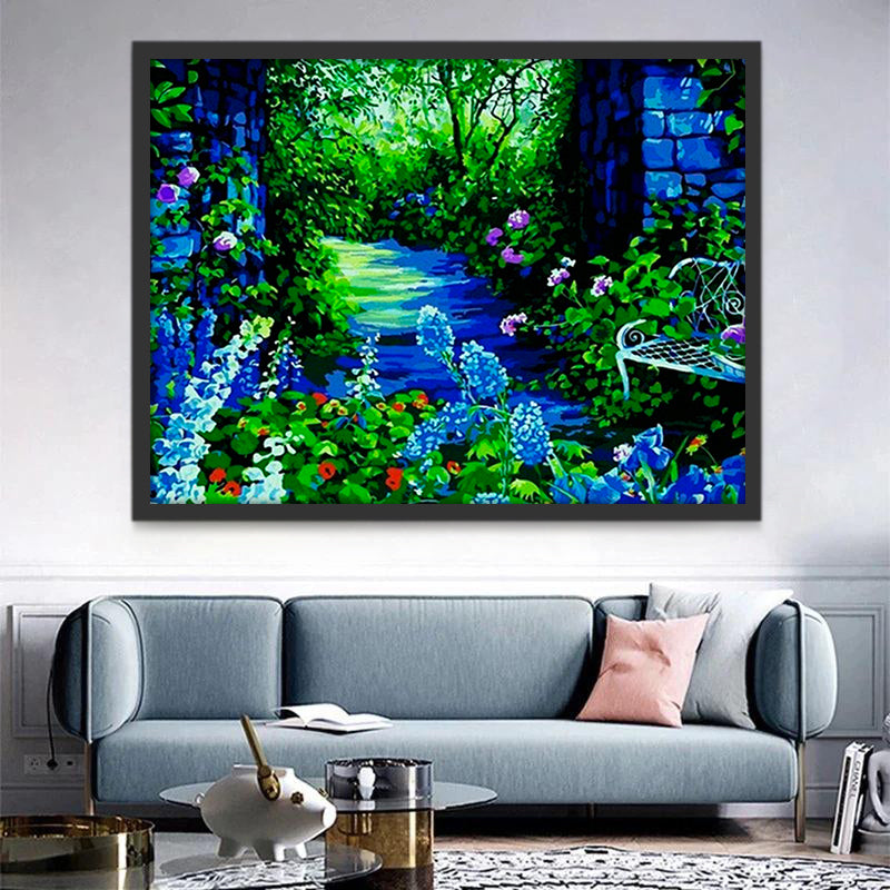 Paysage Bleu avec des Fleurs Peinture par Numéros