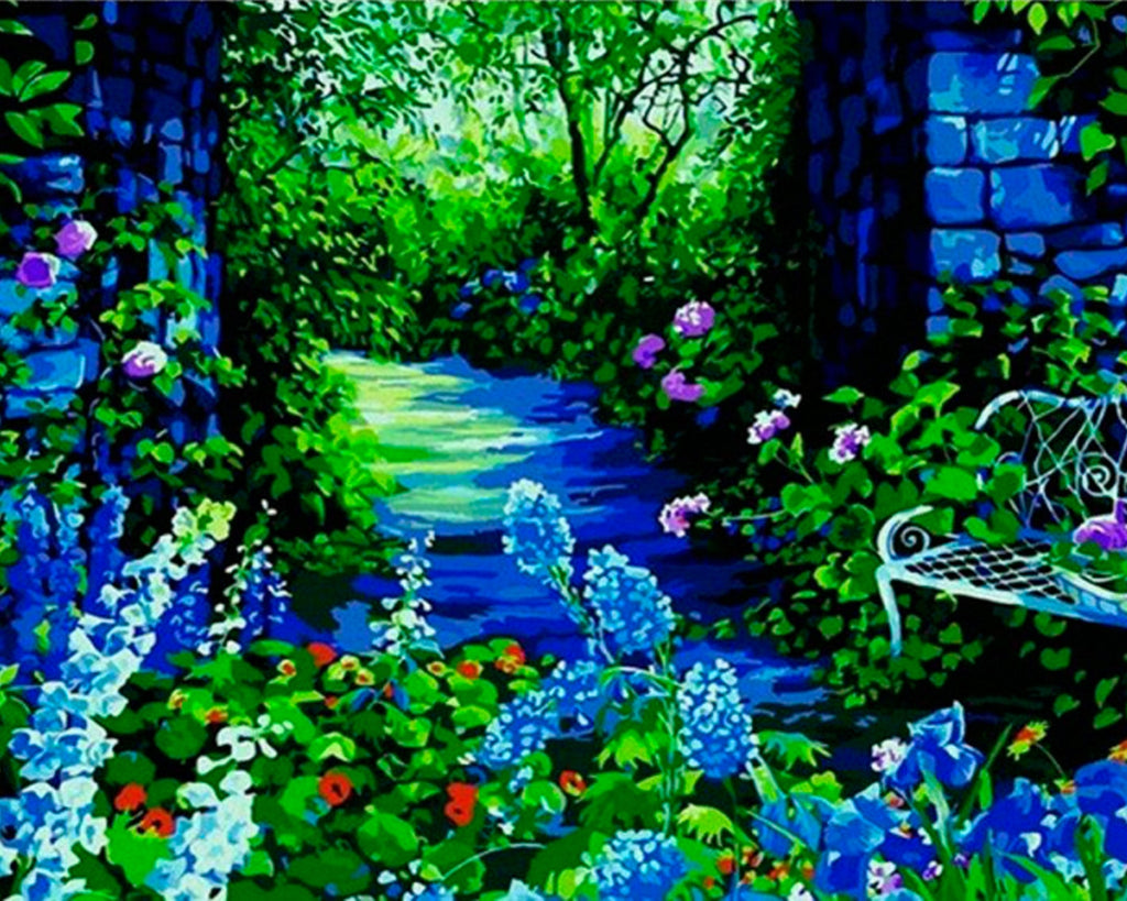 Paysage Bleu avec des Fleurs Peinture par Numéros
