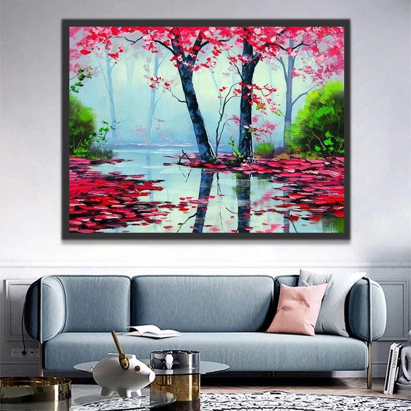 Paysage et Arbre Rose Peinture par Numéros