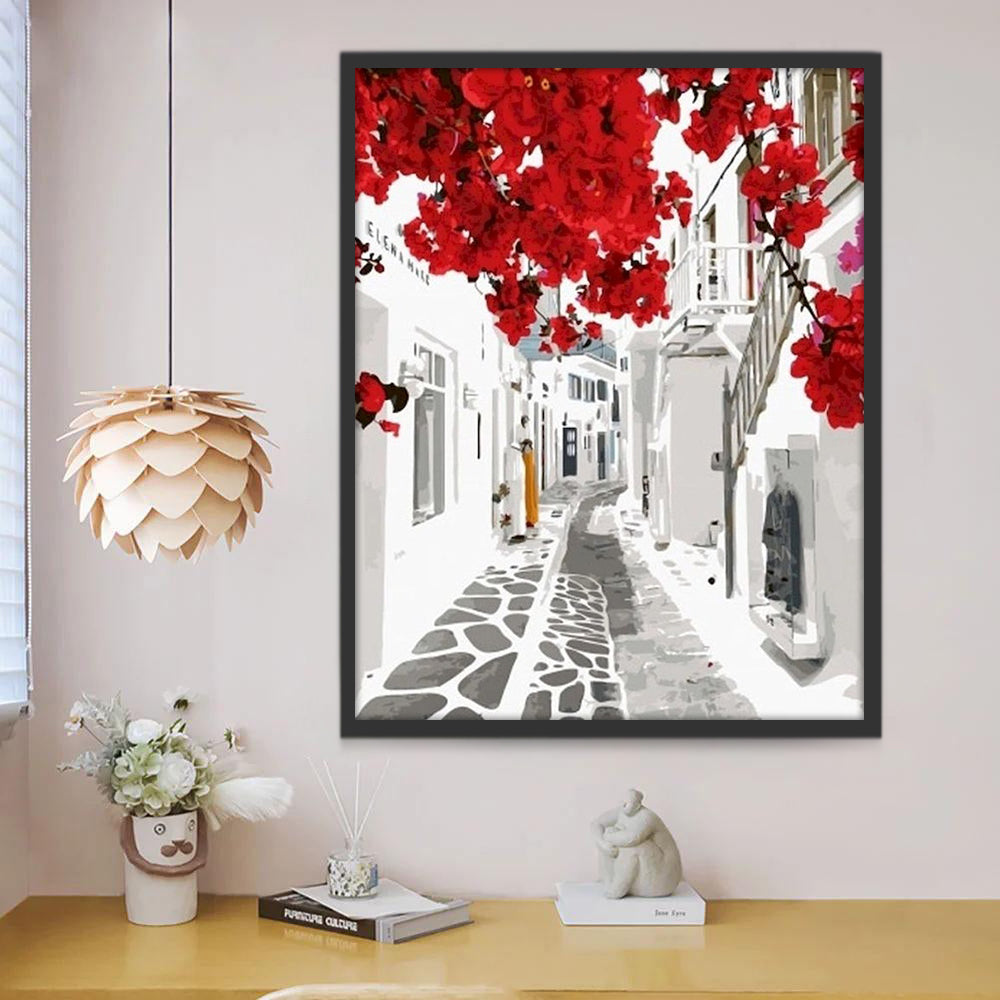 Paysage et Fleurs Rouges Peinture par Numéros