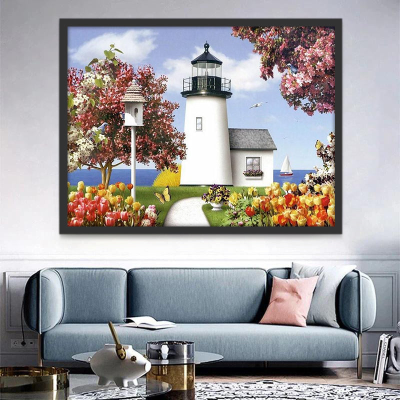 Paysage Phare Blanc Peinture par Numéros