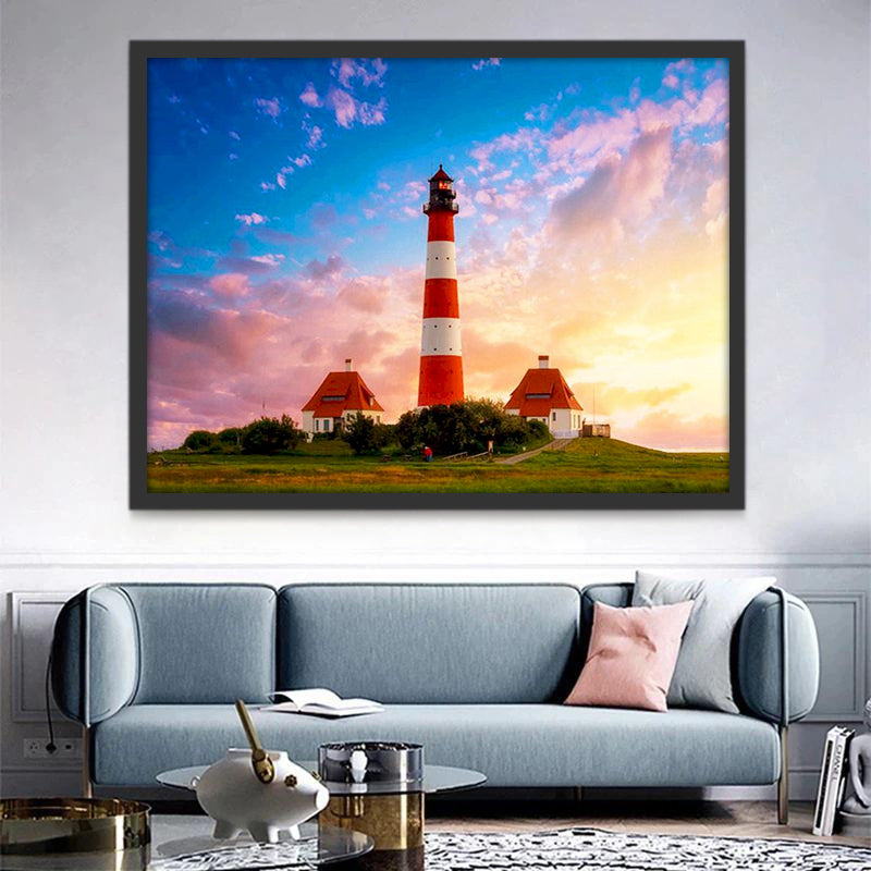 Paysage Phare Ciel Bleu et Nuages Roses Peinture par Numéros