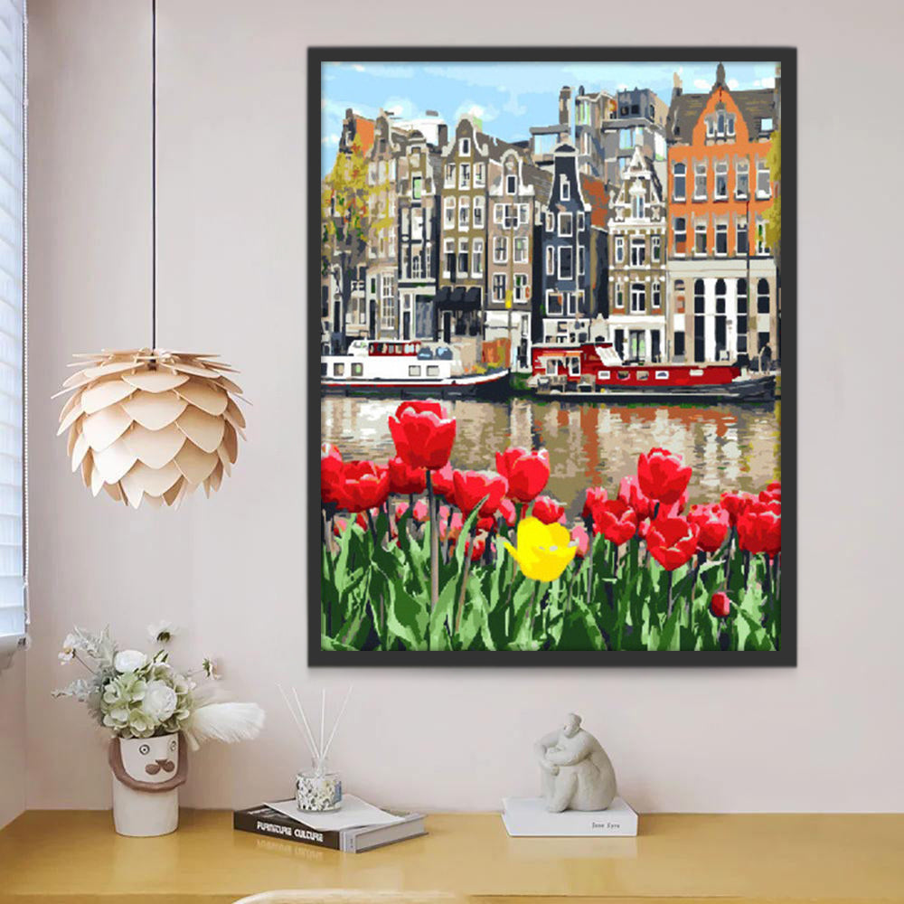 Paysage Ville Tulipes Peinture par Numéros