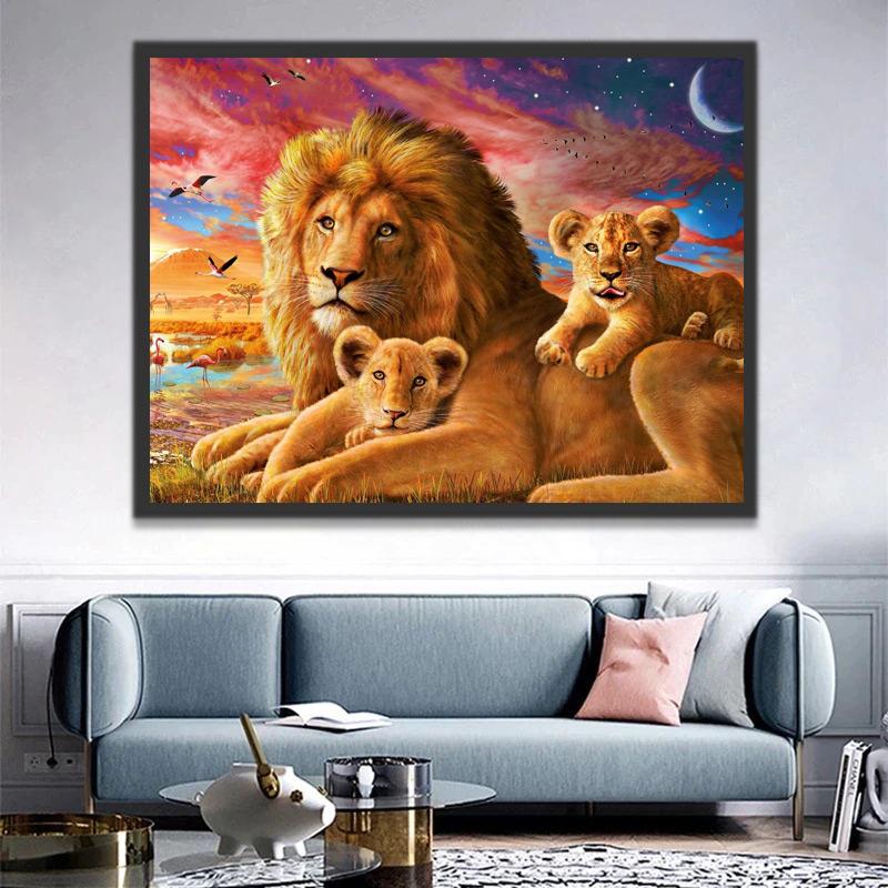 Père Lion et ses Bébés Peinture par Numéros