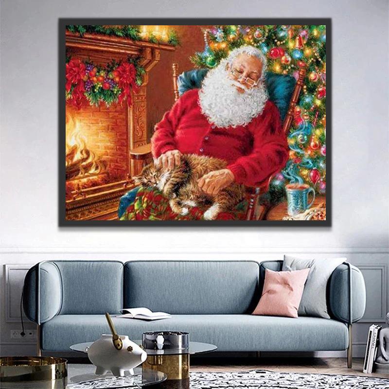Père Noël Endormi et Chat Roux Peinture par Numéros