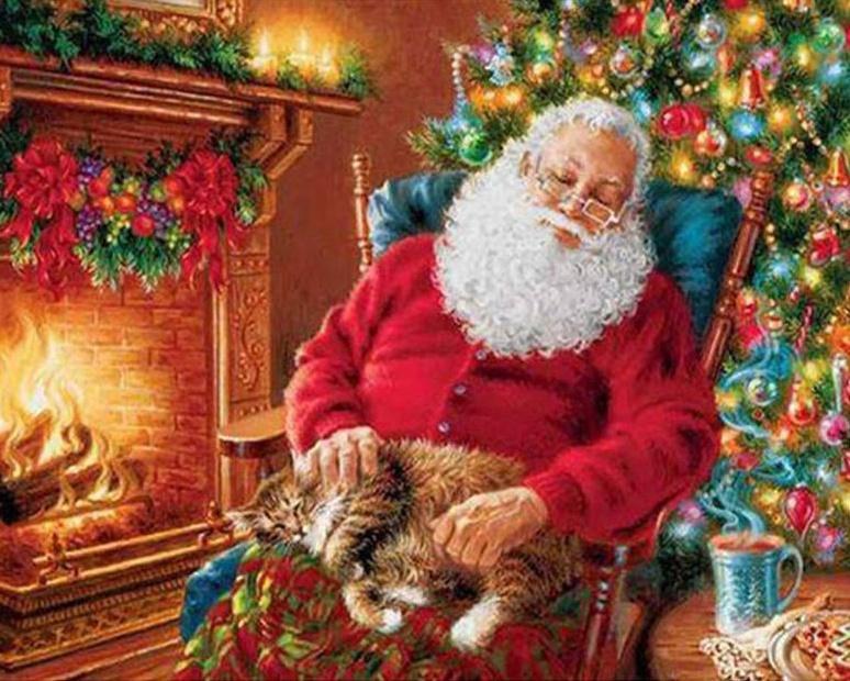 Père Noël Endormi et Chat Roux Peinture par Numéros