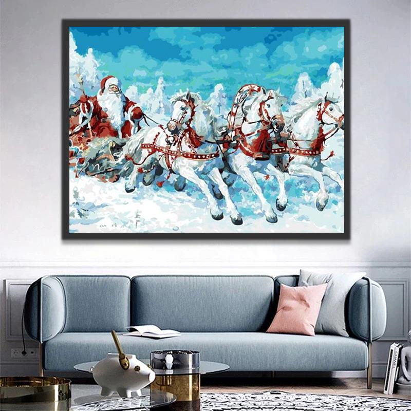 Père Noël et Chevaux Blancs Peinture par Numéros