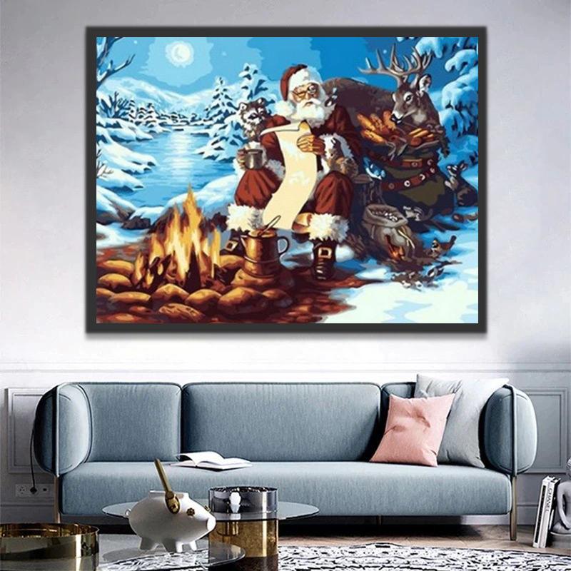 Père Noël près de Feu de Camp Peinture par Numéros