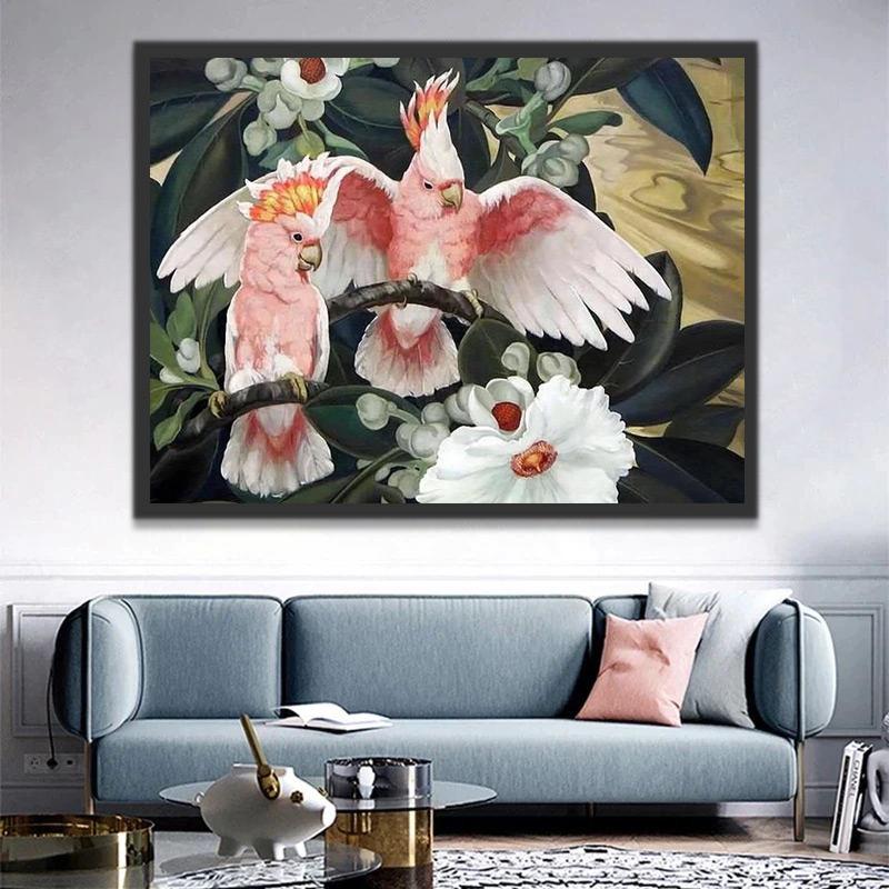 Perruches Roses et Blanches Peinture par Numéros