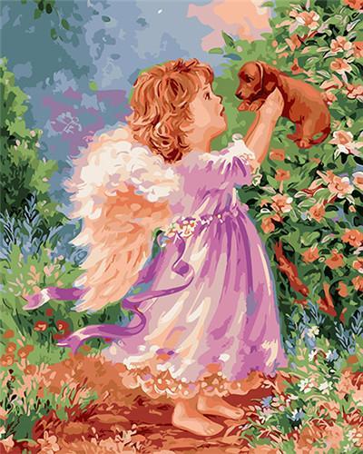 Petit Ange et Chiot Enfants Peinture par Numéros