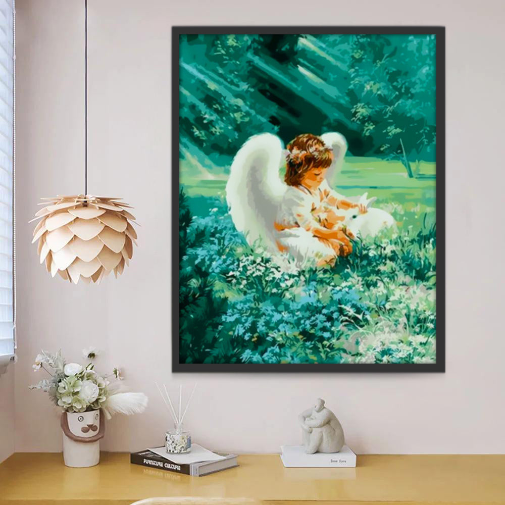 Petit Ange et Lapins Blancs Peinture par Numéros