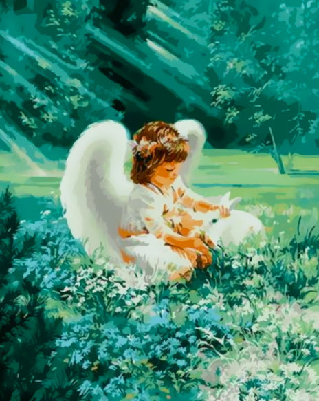 Petit Ange et Lapins Blancs Peinture par Numéros