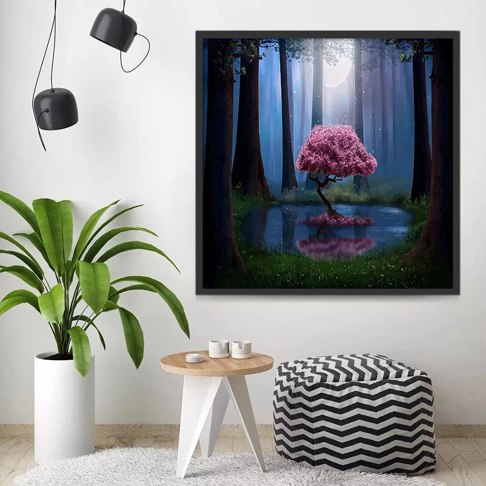 Petit Arbre Rose dans la Forêt Peinture par Numéros