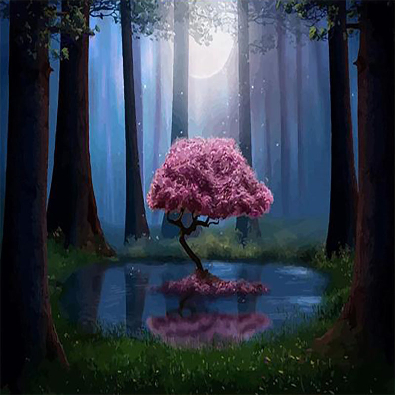 Petit Arbre Rose dans la Forêt Peinture par Numéros