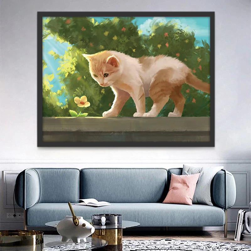 Petit Chat Doré sur le Muret Peinture par Numéros