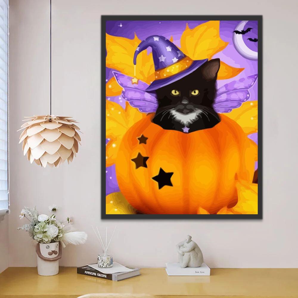 Petit Chat Noir dans la Citrouille Halloween Peinture par Numéros