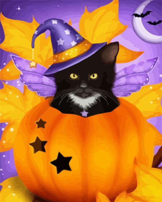 Petit Chat Noir dans la Citrouille Halloween Peinture par Numéros