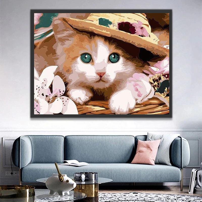Petit Chat Orange au Chapeau de Paille Peinture par Numéros