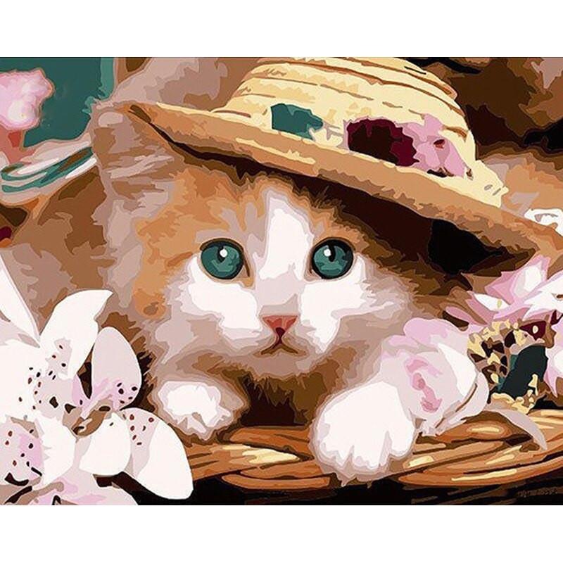 Petit Chat Orange au Chapeau de Paille Peinture par Numéros